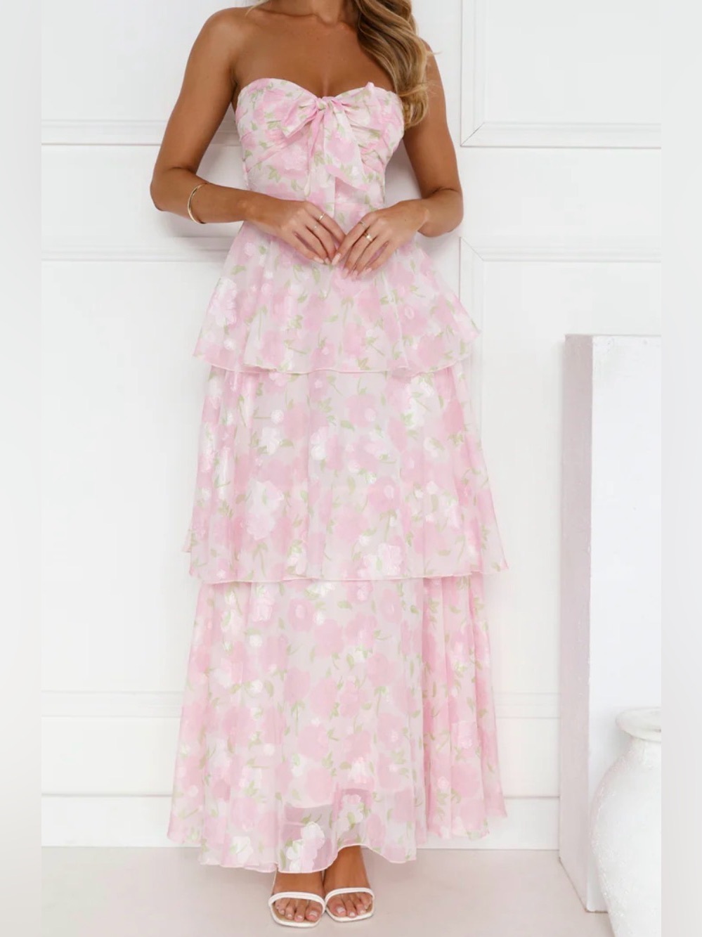 Hello Molly Pink Floral Strapless Tiered Maxi Dress